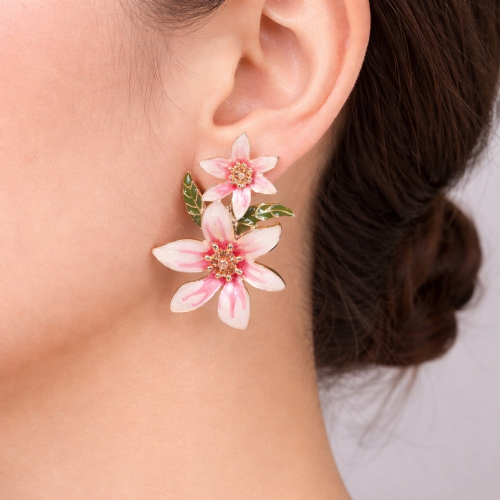 Pink Flower Stud Earrings with Leaf Accents